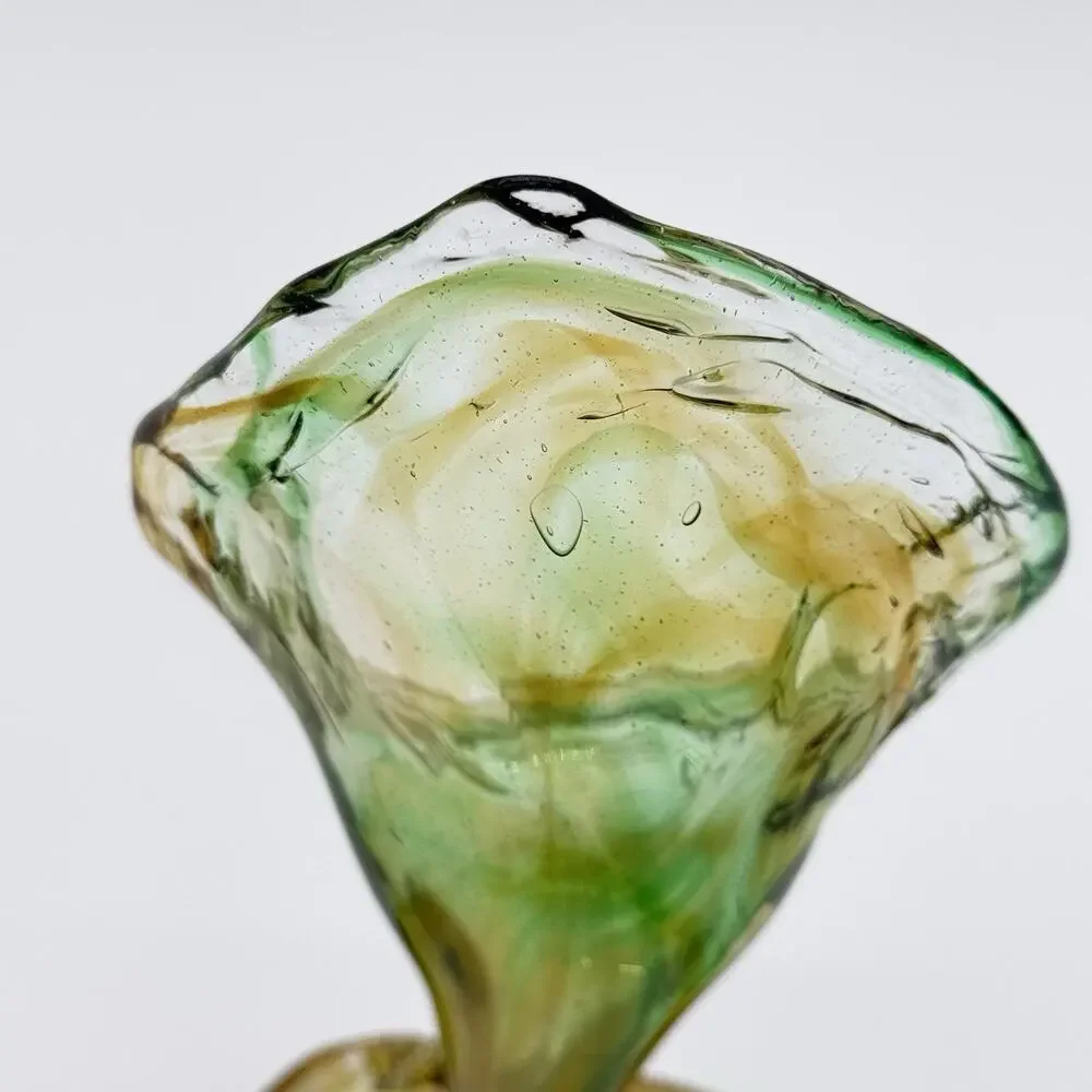 Murano-Style Hand-Blown Green Amber Swirl Art Glass Coiled Base Lilly Vase VTG